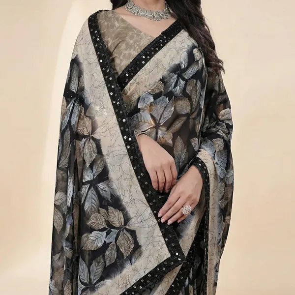 Grey_And_Black_Taladara's_New__Georgette_Printed_Premium_Saree_Lace_Border_For_Women