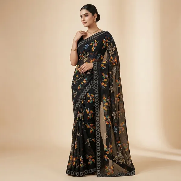 Taladara's_New_Black_Georgette_Printed_Premium_Saree_And_Diamond_Border_For_Women