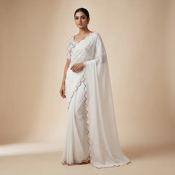 White_Sath_Gram_Premium_Saree_With_Printed_Blouse_For_Women