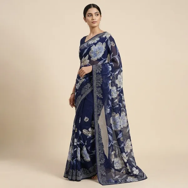 Navy_Blue_Georgette_Printed_Premium_Saree_With_Diamond_Lace_For_Women
