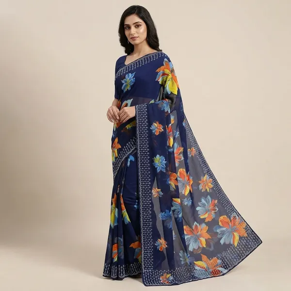 Taladara's_New_Georgette_Printed_Saree_With_Diamond_Lace_For_Women