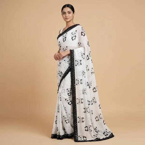 Taladara's_New_Fancy_White_And_Black_Georgette_Premium_Saree_With_Frill_Lace_Work_For_Women