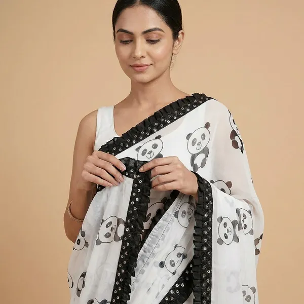 Taladara's_New_Fancy_White_And_Black_Georgette_Premium_Saree_With_Frill_Lace_Work_For_Women