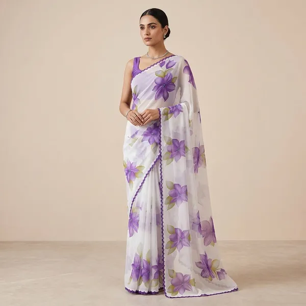 White_Georgette_Printed_Premium_Saree_With_Lace_For_Women