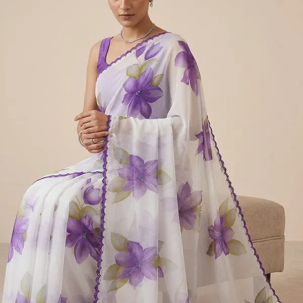White_Georgette_Printed_Premium_Saree_With_Lace_For_Women