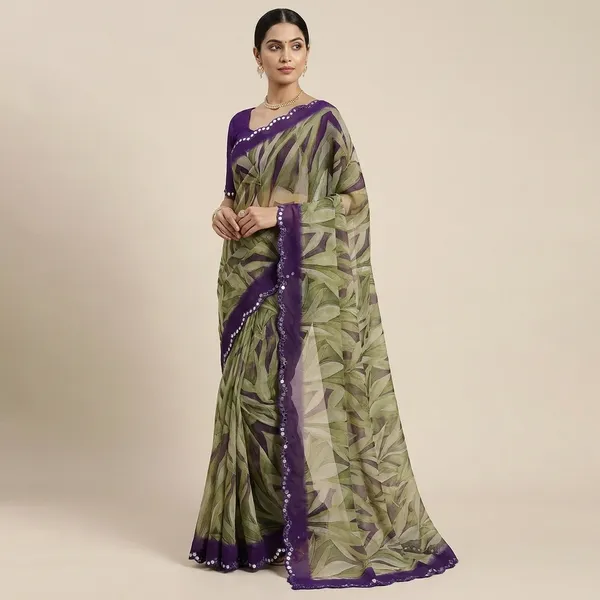 Beige_And_Violet_Georgette_Printed_Premium_Saree_With_Mirror_Lace_For_Women
