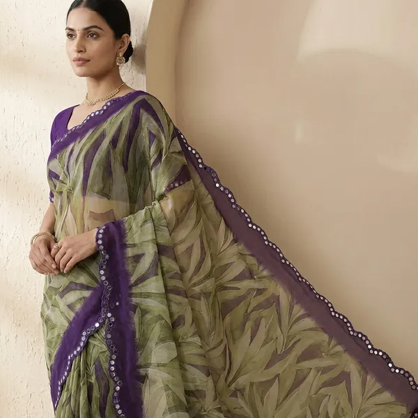 Beige_And_Violet_Georgette_Printed_Premium_Saree_With_Mirror_Lace_For_Women