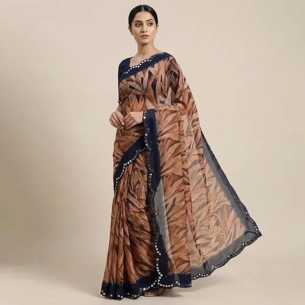 Beige_Georgette_Printed_Premium_Saree_With_Mirror_Lace_For_Women