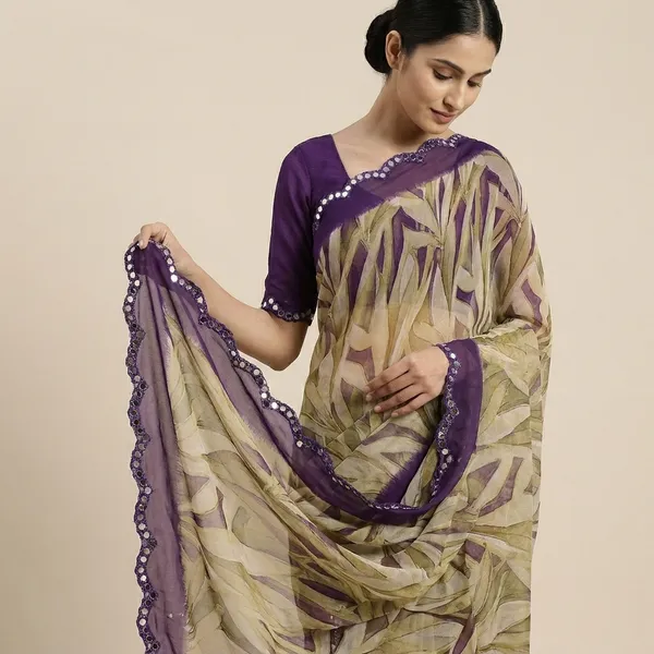 Beige_And_Violet_Georgette_Printed_Premium_Saree_With_Mirror_Lace_For_Women