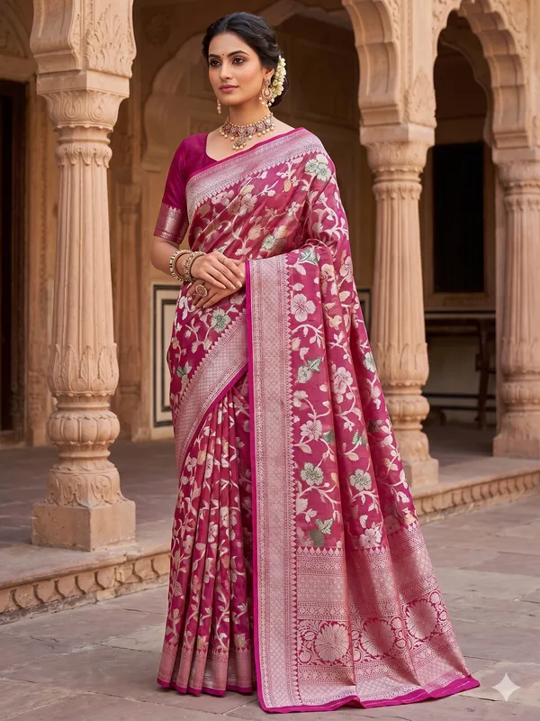 Rani_Pink_Banarasi_Silk_Saree_With_Tissue_Jaal_Design