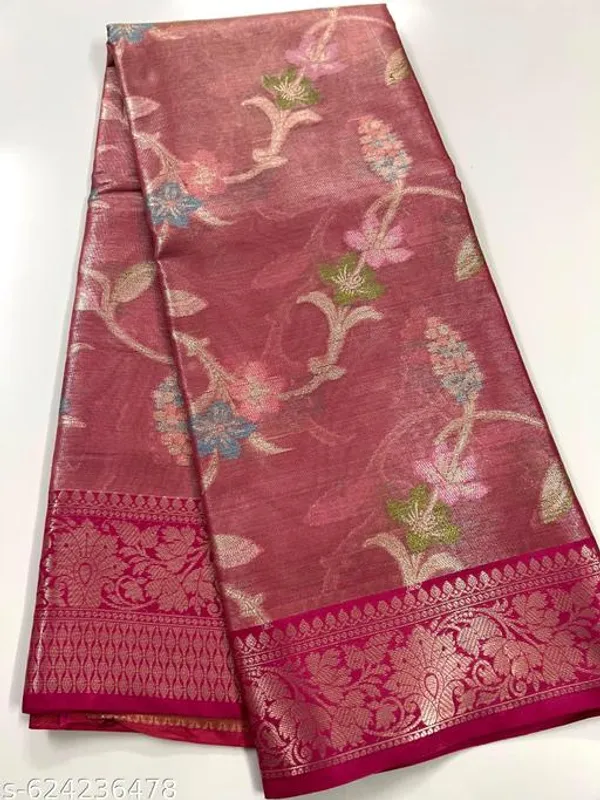 Rani_Pink_Banarasi_Silk_Saree_With_Floral_Meena_Work_&_Contrast_Border