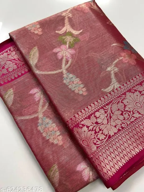 Rani_Pink_Banarasi_Silk_Saree_With_Floral_Meena_Work_&_Contrast_Border