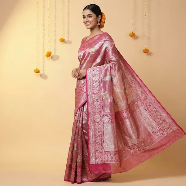 Rani_Pink_Banarasi_Silk_Saree_With_Floral_Meena_Work_&_Contrast_Border