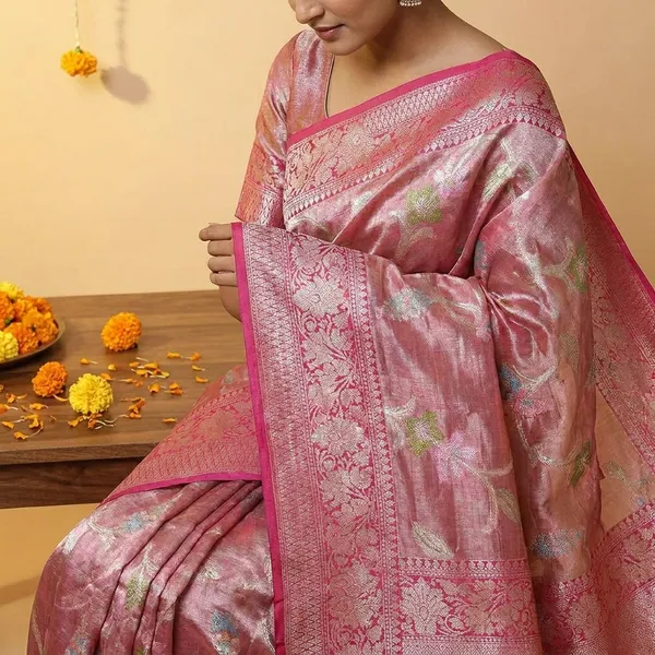 Rani_Pink_Banarasi_Silk_Saree_With_Floral_Meena_Work_&_Contrast_Border