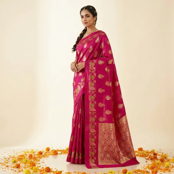 Cherry_Banarasi_Silk_Saree_With_Golden_Zari_Floral_Design