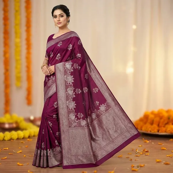 Wine_Banarasi_Silk_Saree_With_Rich_Pallu_&_Blouse_Piece