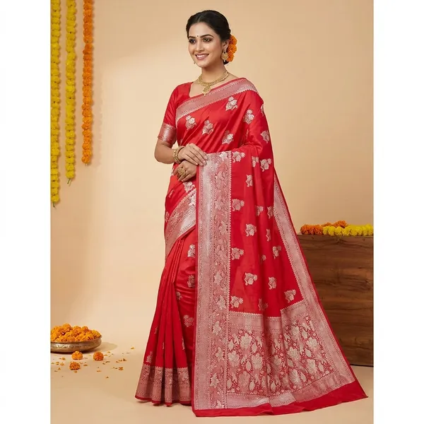 Bridal_Red_Banarasi_Silk_Saree_With_Silver_Zari_Floral_Weaving