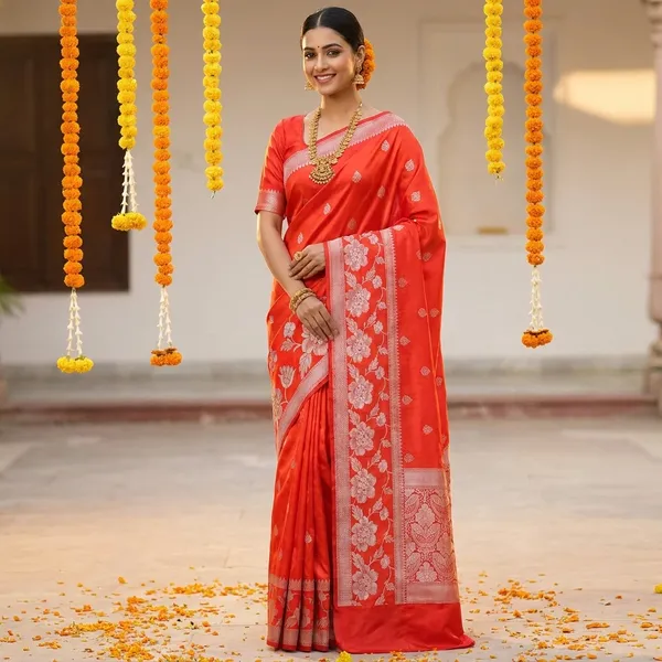 Bhagwa_Orange_Banarasi_Silk_Saree_For_Wedding_Wear