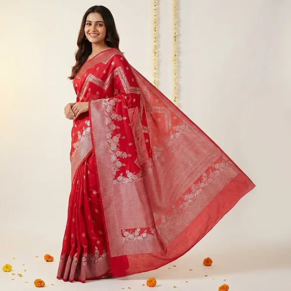 Cherry_Red_Banarasi_Silk_Saree_With_Golden_Zari_Border