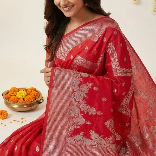 Cherry_Red_Banarasi_Silk_Saree_With_Golden_Zari_Border