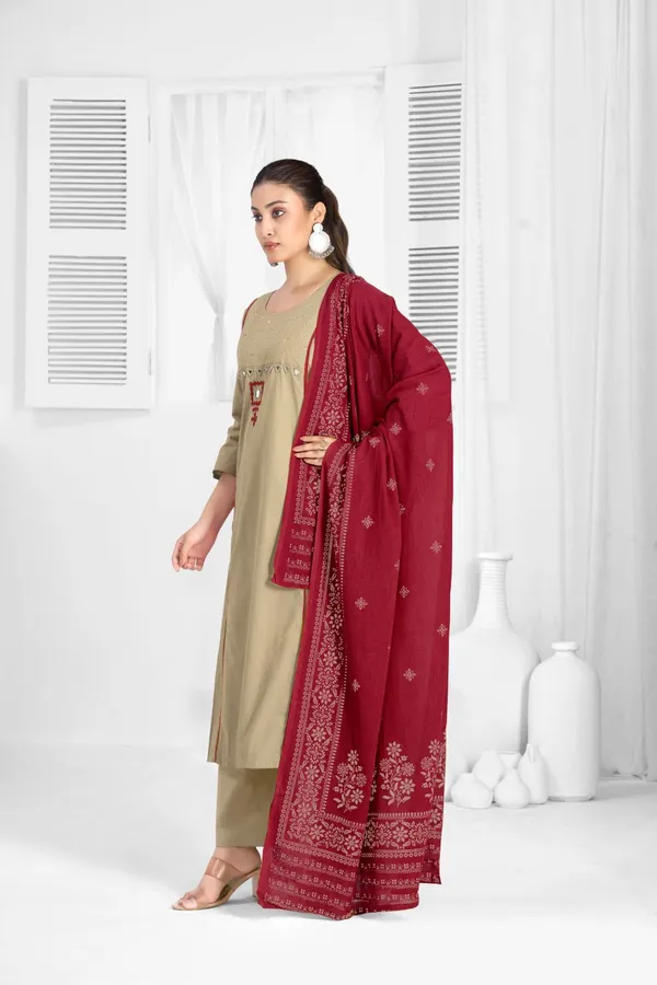 Beige_And_Maroon_Pure_Cotton_Premium_Kurta_Sets_For_Women