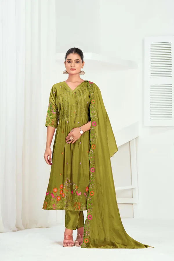 Olive_Green_Chanderi_Silk_Premium_Kurta_Sets_For_Women