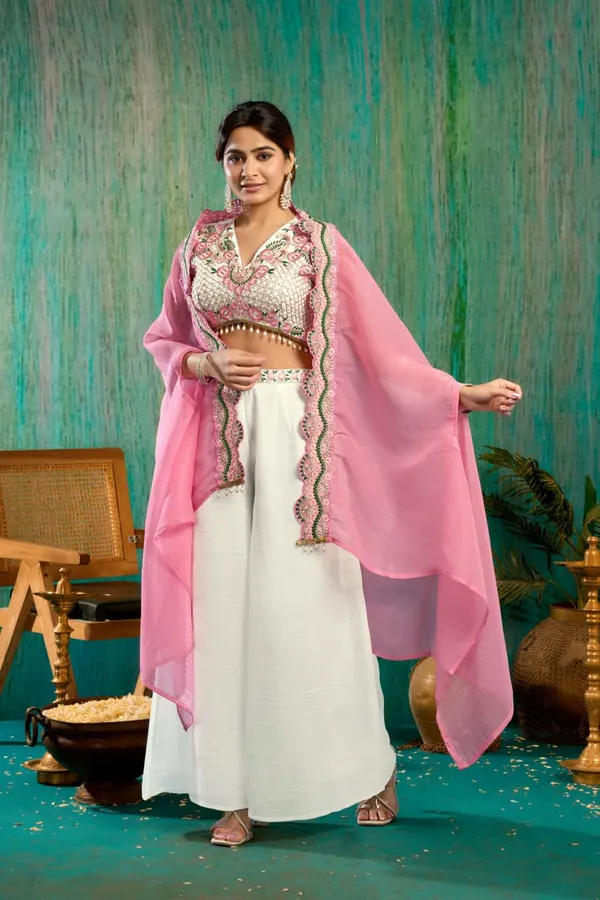 White_And_Pink_Georgette_Premium_Crop_Top_Palazzo_Set_For_Women
