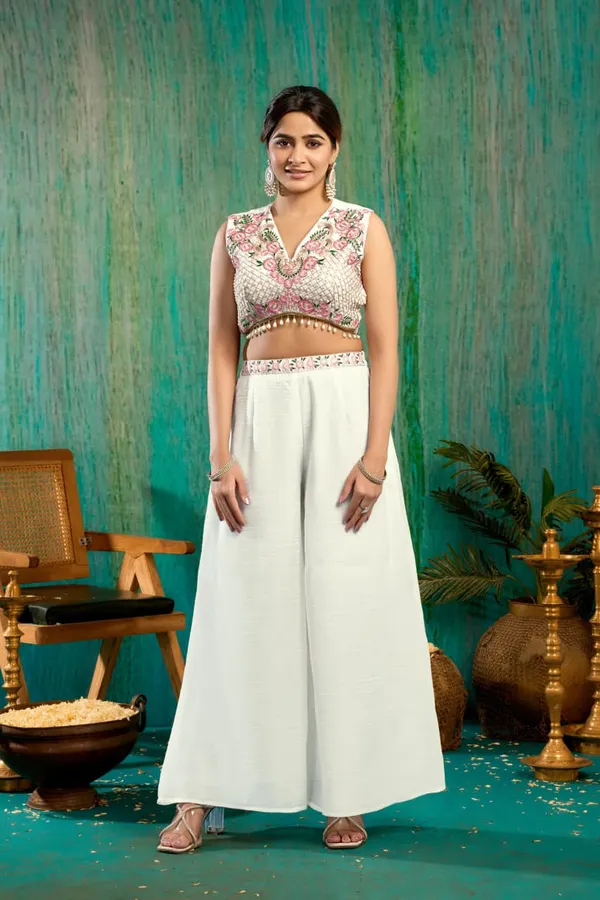 White_And_Pink_Georgette_Premium_Crop_Top_Palazzo_Set_For_Women
