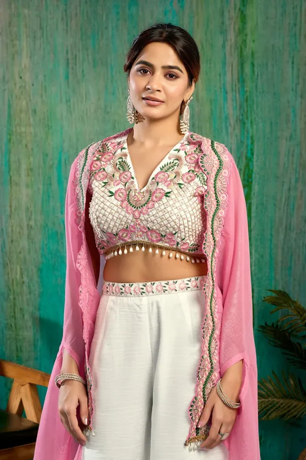 White_And_Pink_Georgette_Premium_Crop_Top_Palazzo_Set_For_Women
