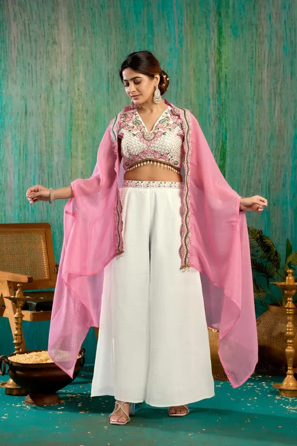 White_And_Pink_Georgette_Premium_Crop_Top_Palazzo_Set_For_Women