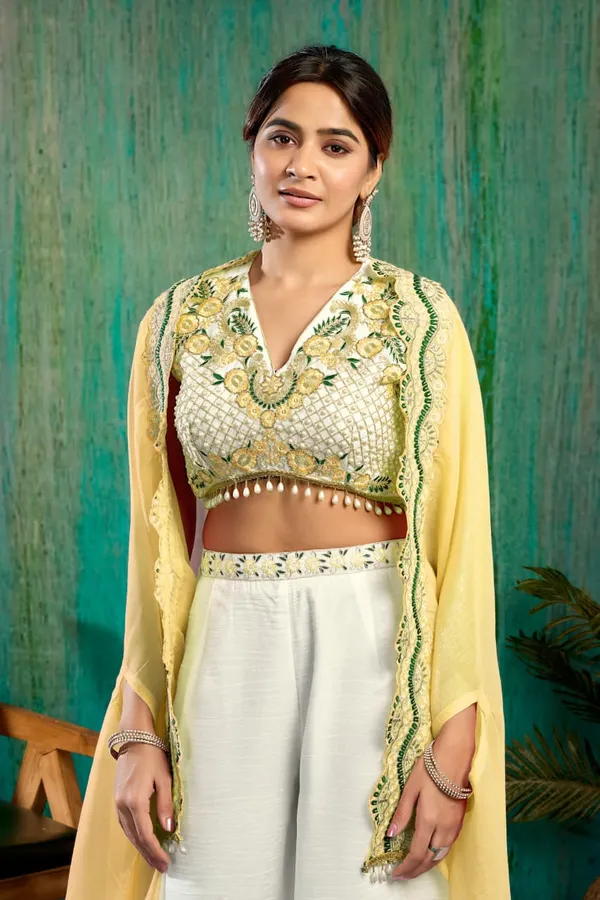 White_And_Cream_Georgette_Premium_Crop_Top_Palazzo_Set_For_Women
