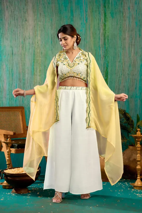 White_And_Cream_Georgette_Premium_Crop_Top_Palazzo_Set_For_Women