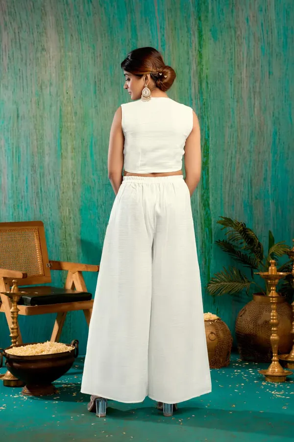 White_And_Cream_Georgette_Premium_Crop_Top_Palazzo_Set_For_Women