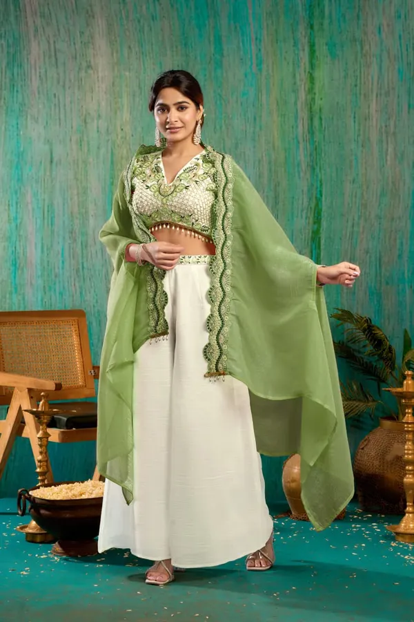 White_And_Green_Georgette_Premium_Crop_Top_Palazzo_Set_For_Women
