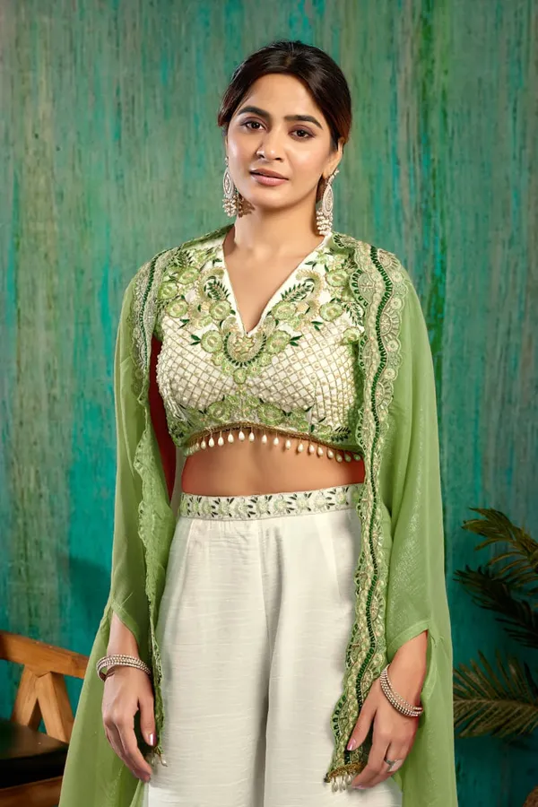 White_And_Green_Georgette_Premium_Crop_Top_Palazzo_Set_For_Women