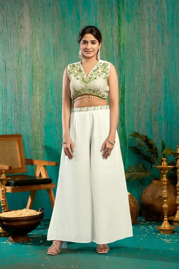 White_And_Green_Georgette_Premium_Crop_Top_Palazzo_Set_For_Women