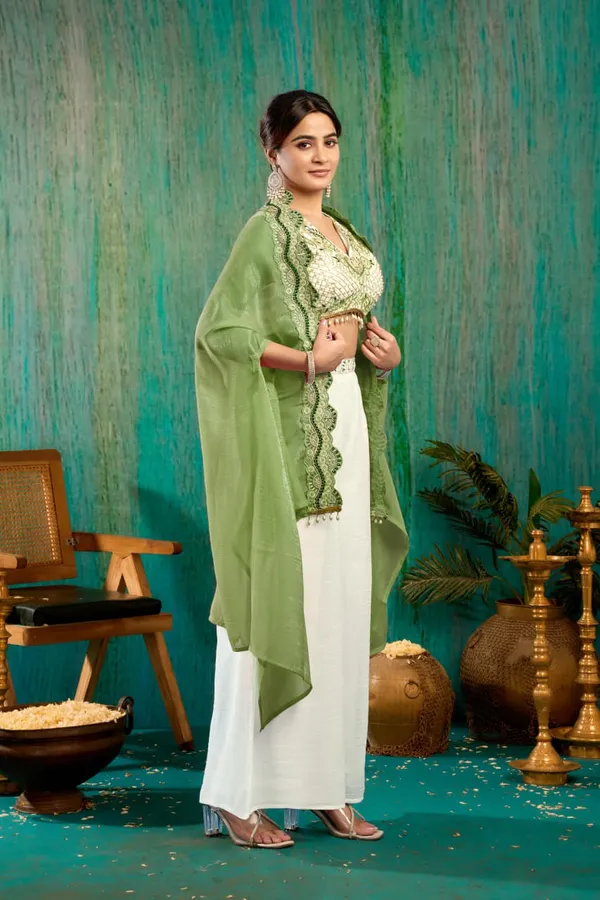 White_And_Green_Georgette_Premium_Crop_Top_Palazzo_Set_For_Women