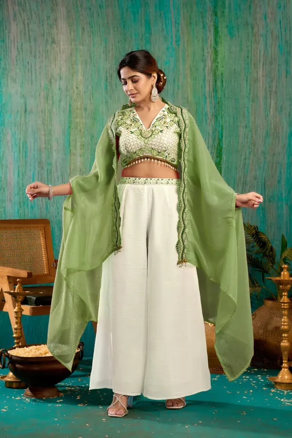 White_And_Green_Georgette_Premium_Crop_Top_Palazzo_Set_For_Women