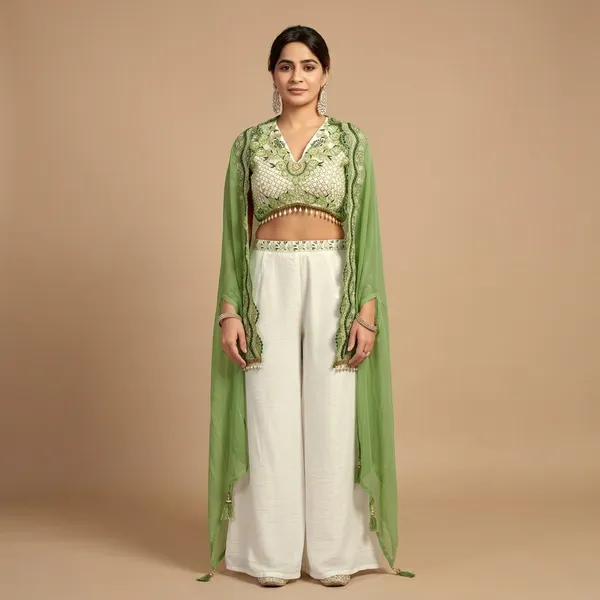 White_And_Green_Georgette_Premium_Crop_Top_Palazzo_Set_For_Women