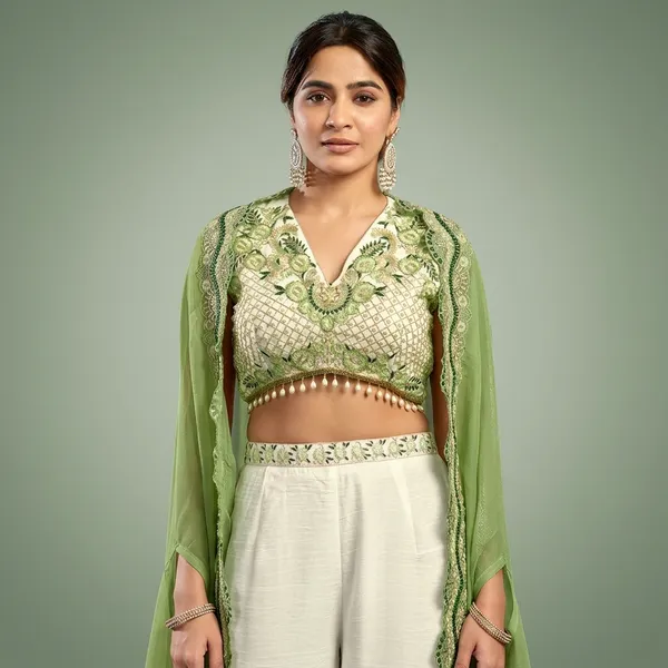 White_And_Green_Georgette_Premium_Crop_Top_Palazzo_Set_For_Women