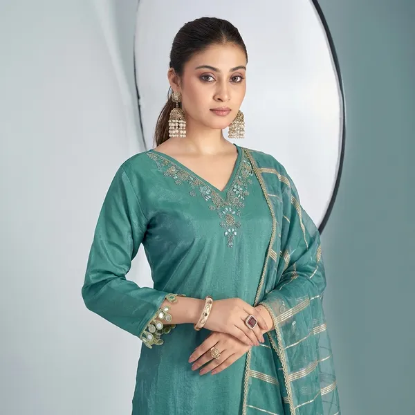 Teal_Blue_Organza_Silk_Premium_Kurta_Sets_For_Women
