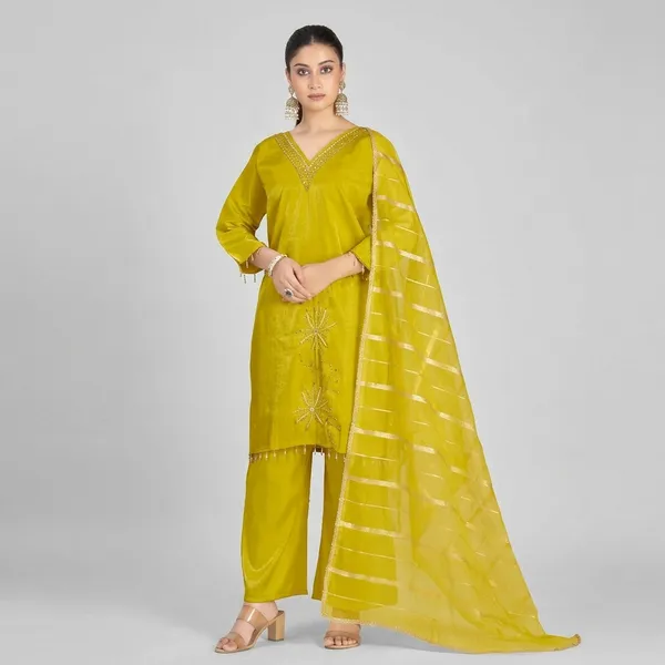 Lime_Green_Organza_Silk_Premium_Kurta_Sets_For_Women