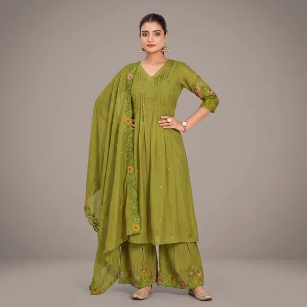 Olive_Green_Chanderi_Silk_Premium_Kurta_Sets_For_Women