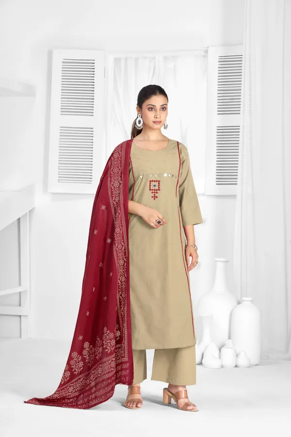 Beige_And_Maroon_Pure_Cotton_Premium_Kurta_Sets_For_Women