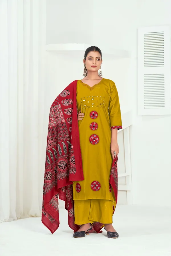 Yellow_And_Red_Pure_Cotton_Premium_Kurta_Sets_For_Women