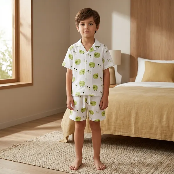 White_Green_Sheep_Print_Cotton_Shirt_Shorts_Set_for_Kids