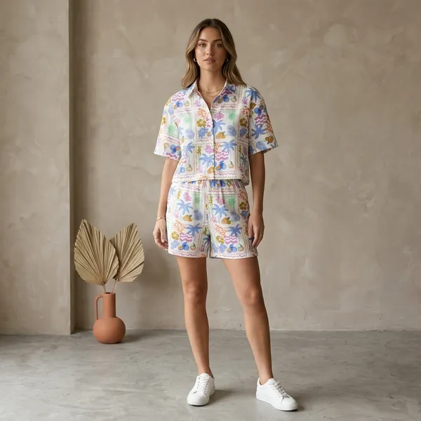 White_Tropical_Print_Cotton_Shirt_and_Shorts_Co-ord_Set_for_Women