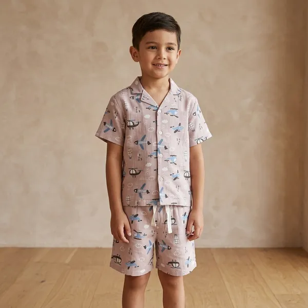 Pink_Cotton_Airplane_Print_Shirt_and_Shorts_Set_for_Kids