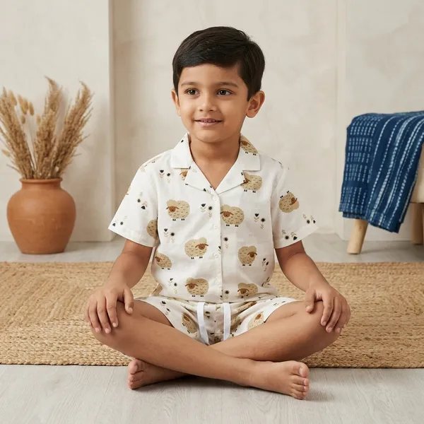 White_Cotton_Sheep_Print_Shirt_And_Shorts_Sleepwear_Set_for_Kids