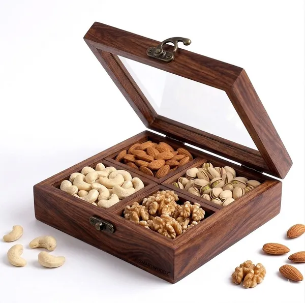 Smartwoodz_Wooden_Dry_Fruit_Box_with_Glass_Lid,_4_Section_Storage_Organiser_for_Nuts_and_Spices,_Handcrafted_Gift_Box_Multipurpose_Storage_Organizer_Nuts,_Spices_Dining_&_Festive_Gifting